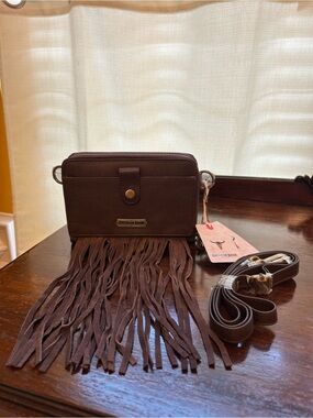 American Bison Leather Fringe Cell Phone Wallet Crossbody Bag w/Snake Embossed